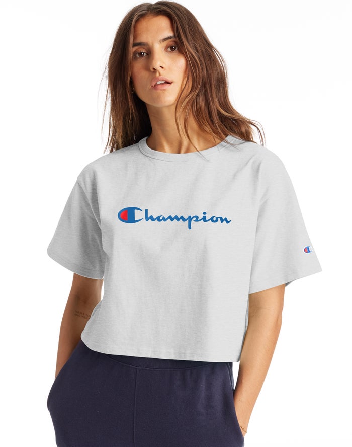 Champion Heritage Cropped Script Logo T-Shirt Dames - Grijs - Belgie 6549HBSPR